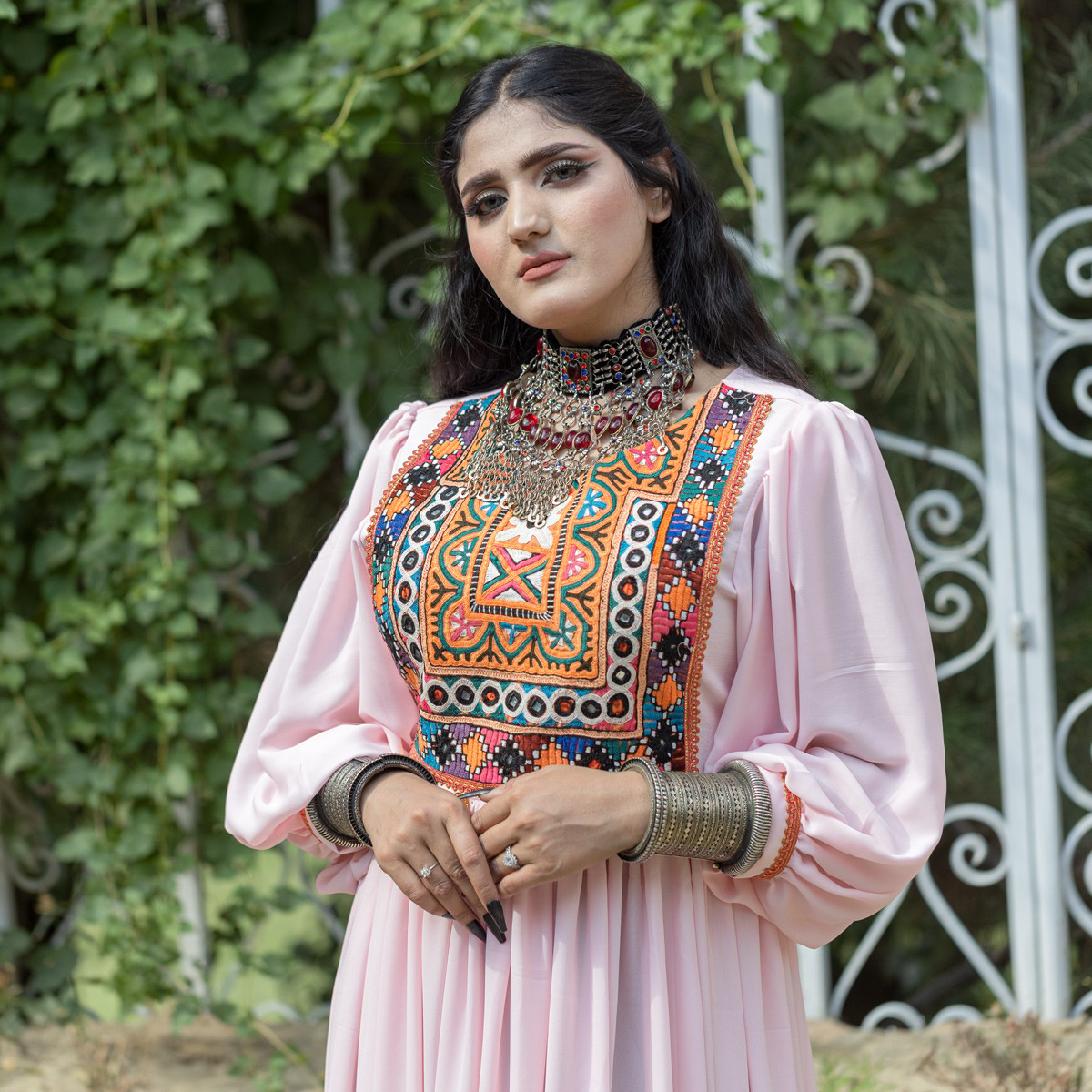 Georgette Cross-Stitch Mirror Embroidered Long Dress | Pink Cuff Sleeves Pleated Dress 1