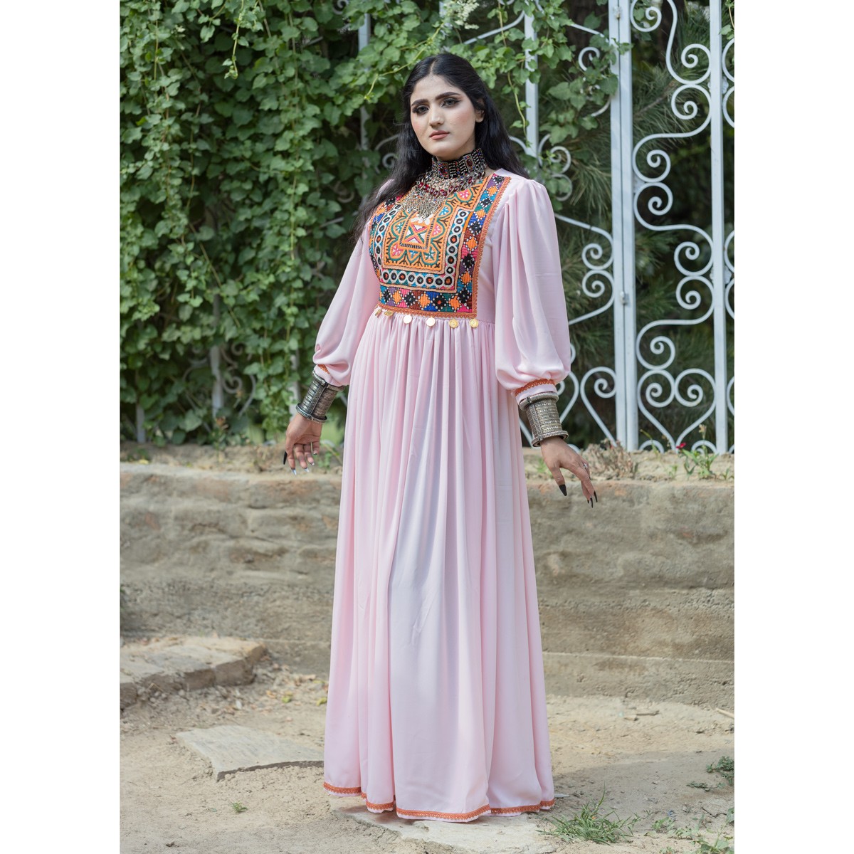 Georgette Cross-Stitch Mirror Embroidered Long Dress | Pink Cuff Sleeves Pleated Dress 2