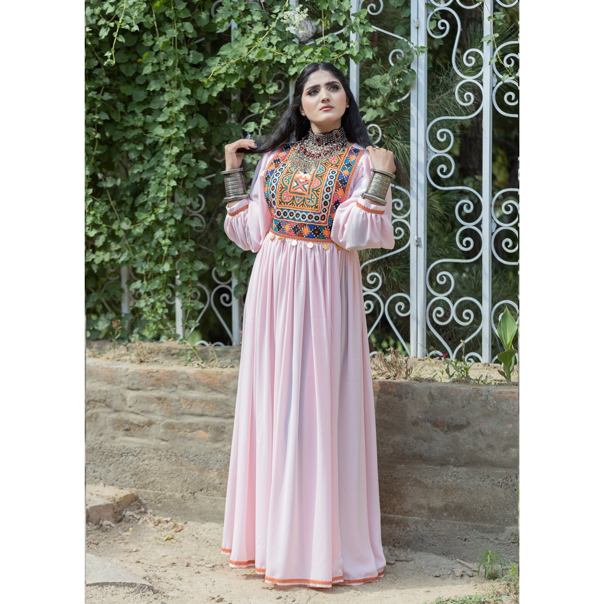 Georgette Cross-Stitch Mirror Embroidered Long Dress | Pink Cuff Sleeves Pleated Dress 4