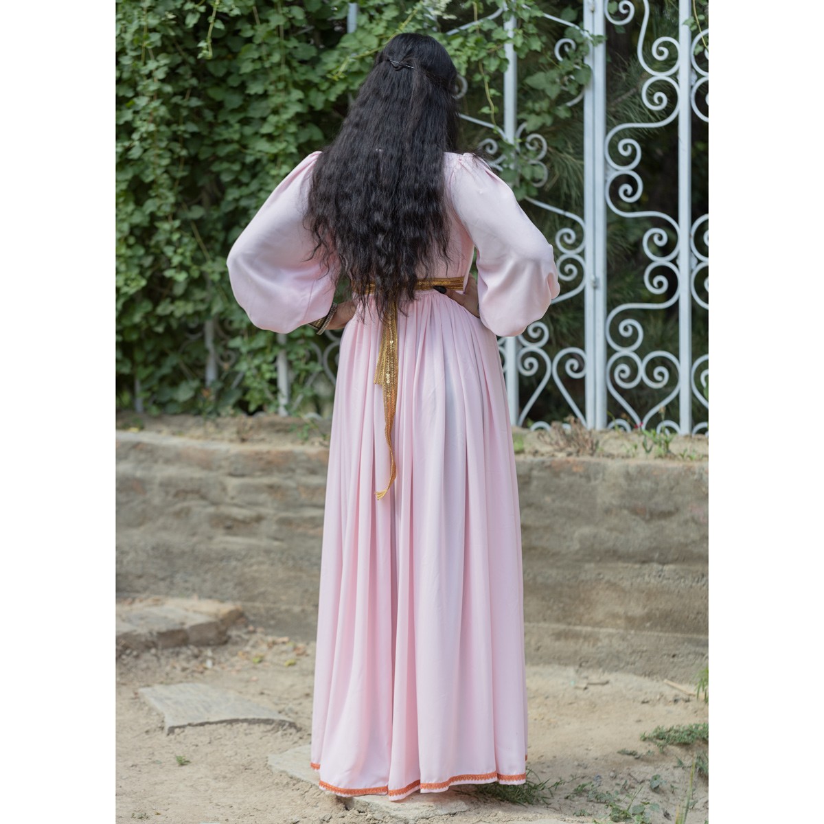 Georgette Cross-Stitch Mirror Embroidered Long Dress | Pink Cuff Sleeves Pleated Dress 5