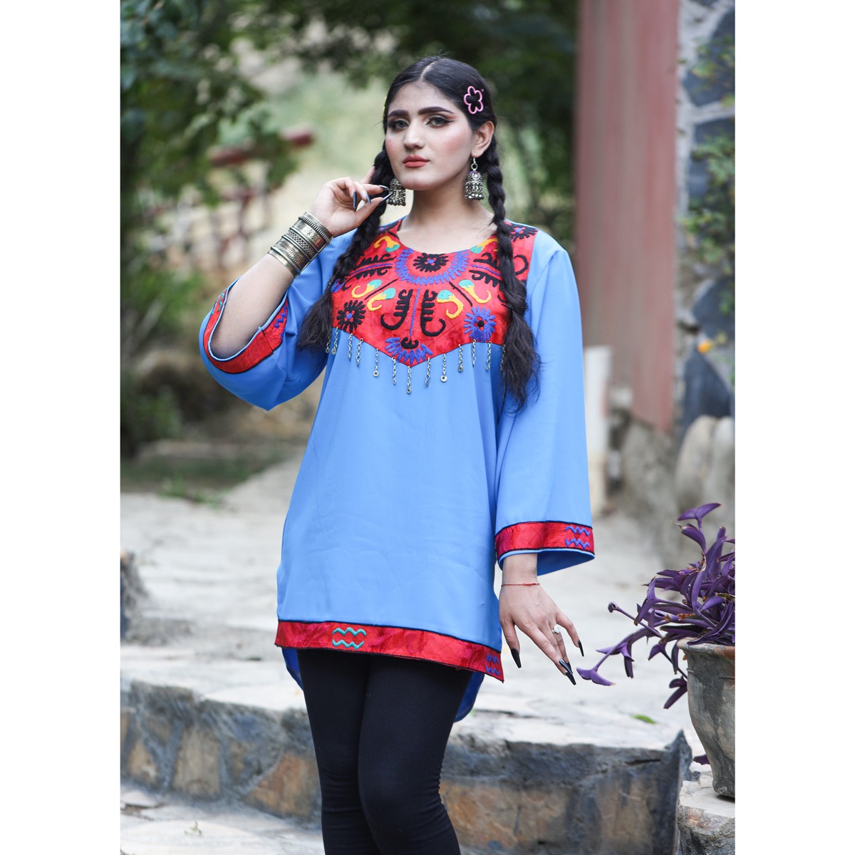 Georgette Floral Stitch Plain Shirt | Blue Balloon Sleeves Girl's Top 2