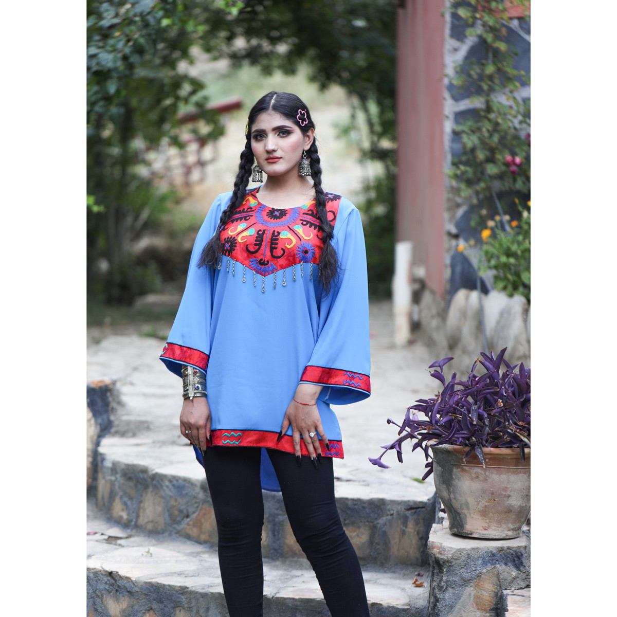 Georgette Floral Stitch Plain Shirt | Blue Balloon Sleeves Girl's Top 4