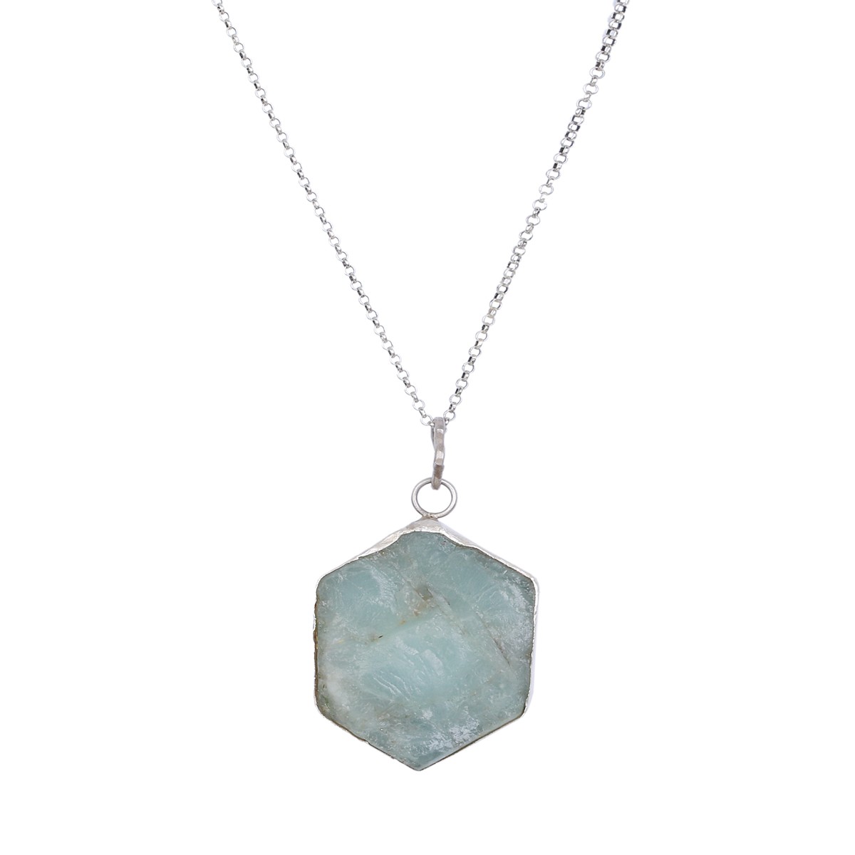 Aquamarine Stone Drop Necklace | Sterling Silver Hexagonal Cut Locket 1