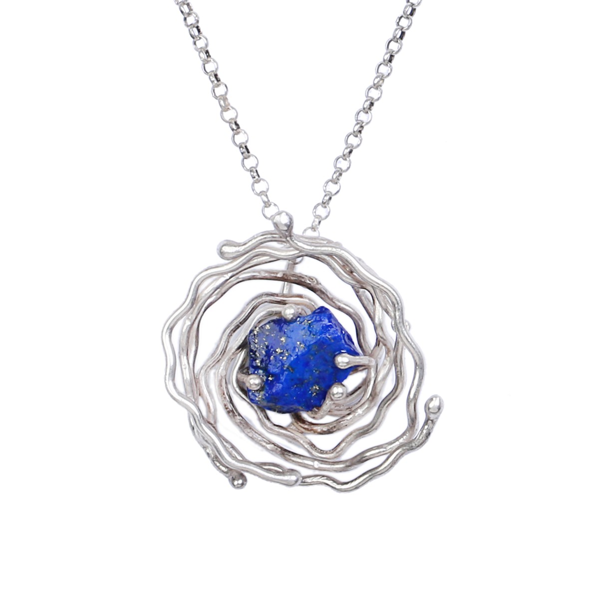 Lapis Lazuli Curl Design Pendant | Sterling Silver Round Chain Locket 2