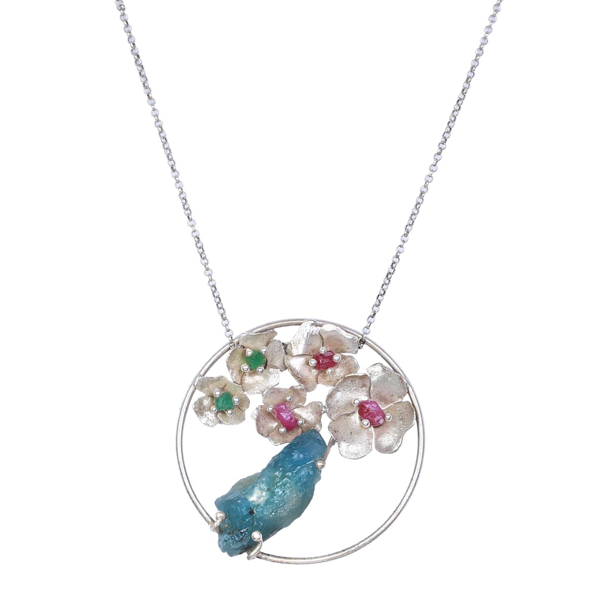 Multi-Stone Floral Design Pendant | Sterling Silver Chain Locket 1
