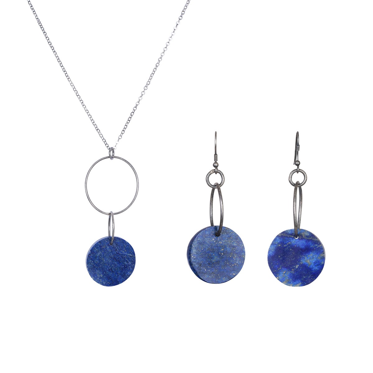 Lapis Stone Flat Round Jewelry Set | Sterling Silver Pendant & Earrings  1