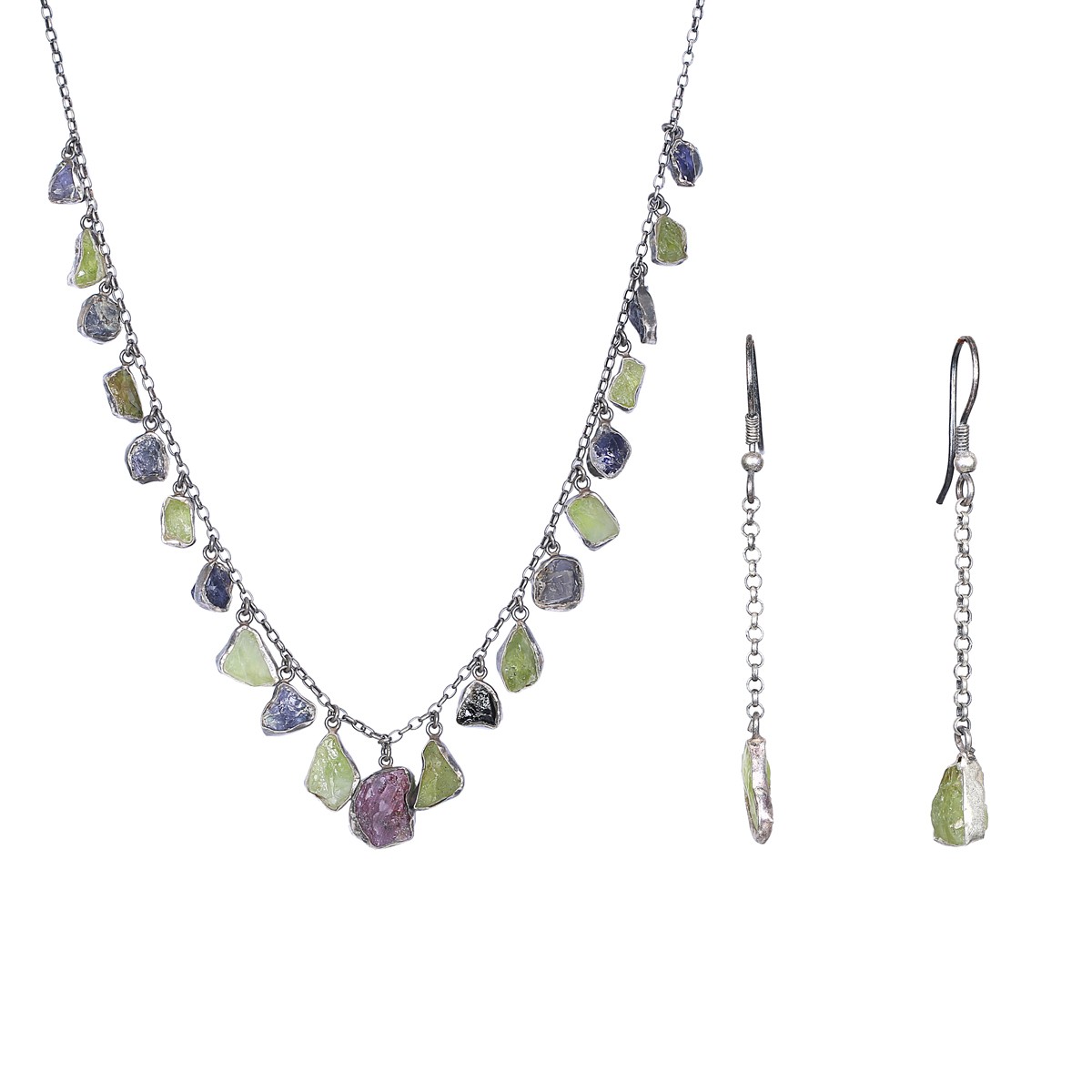 Ruby and Jet Rough Stone Jewelry Set | Silver Charm Necklace & Drop Earrings 1