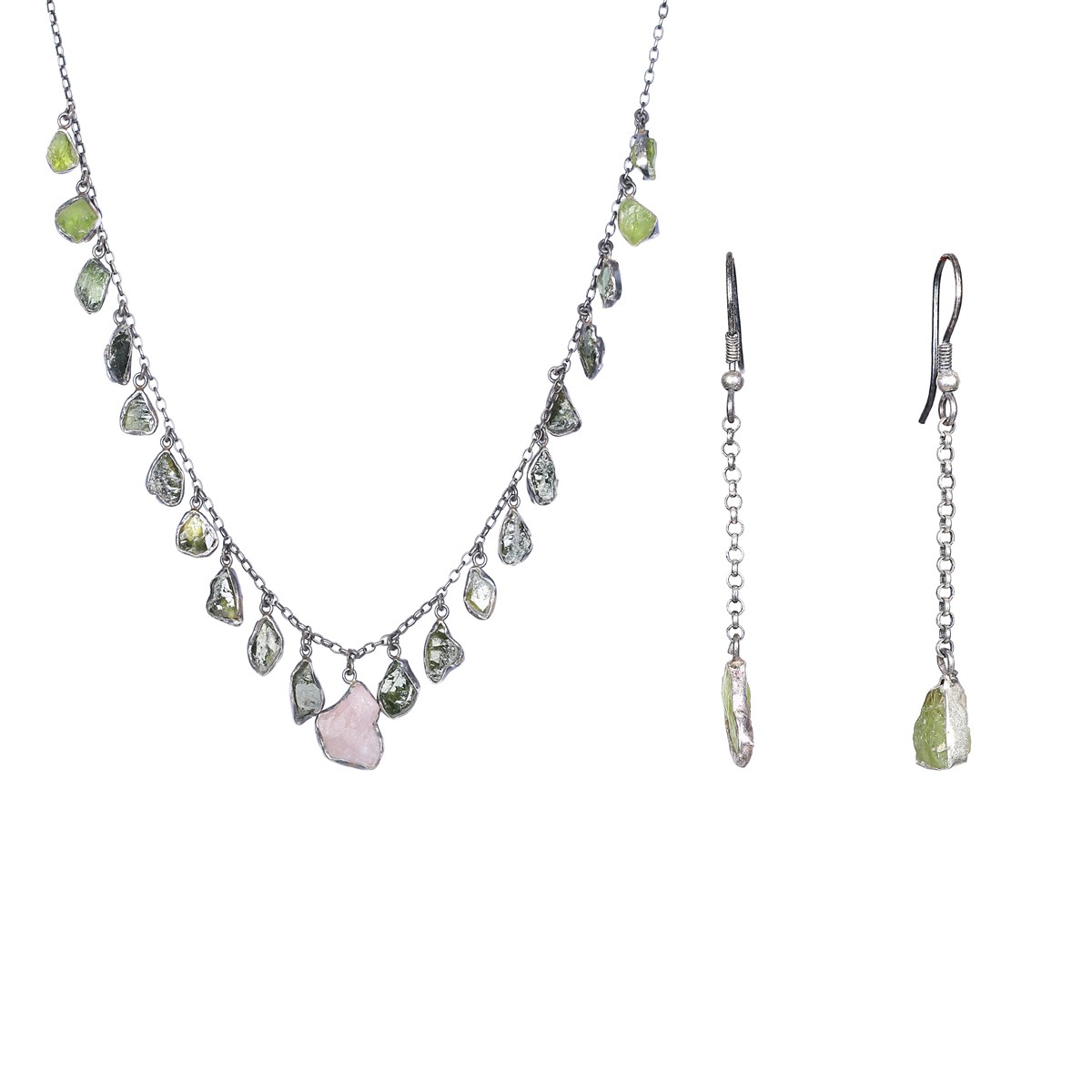 Beruj Stone Jewelry Set | Silver Charm Necklace & Shoulder Earrings 1
