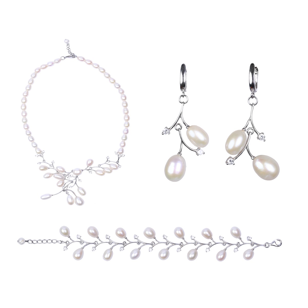 White Pearls Jewelry Set | Silver Floral Necklace, Earrings & Bracelet 1