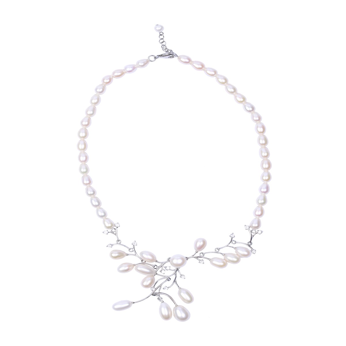 White Pearls Jewelry Set | Silver Floral Necklace, Earrings & Bracelet 2