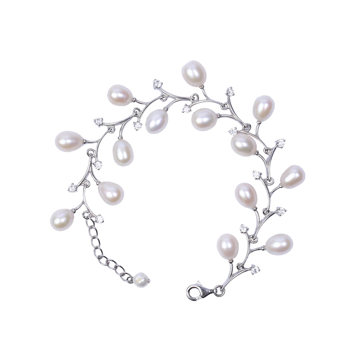 White Pearls Jewelry Set | Silver Floral Necklace, Earrings & Bracelet 4