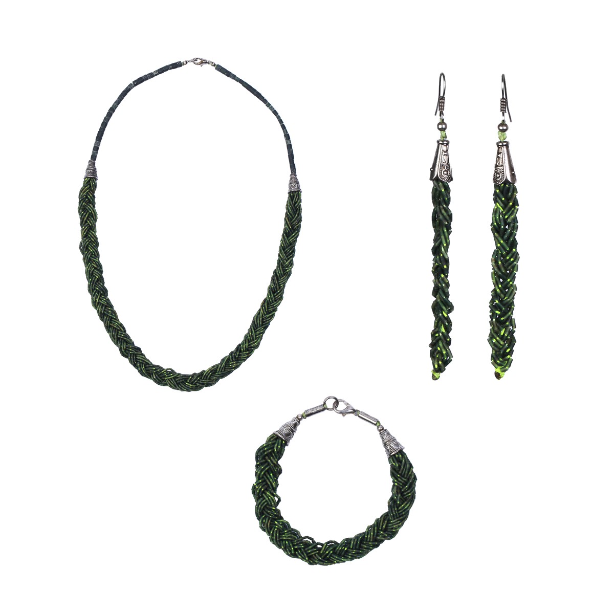 Green Jet Braided Jewelry Set | Silver Necklace, Earrings & Bracelet 3