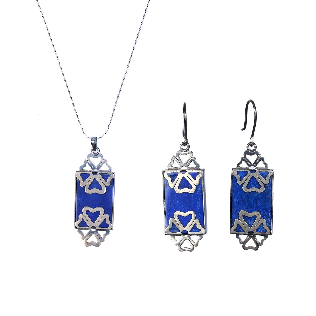 Lapis Lazuli Floral Design Jewelry Design | Sterling Silver Pendant & Earrings 1