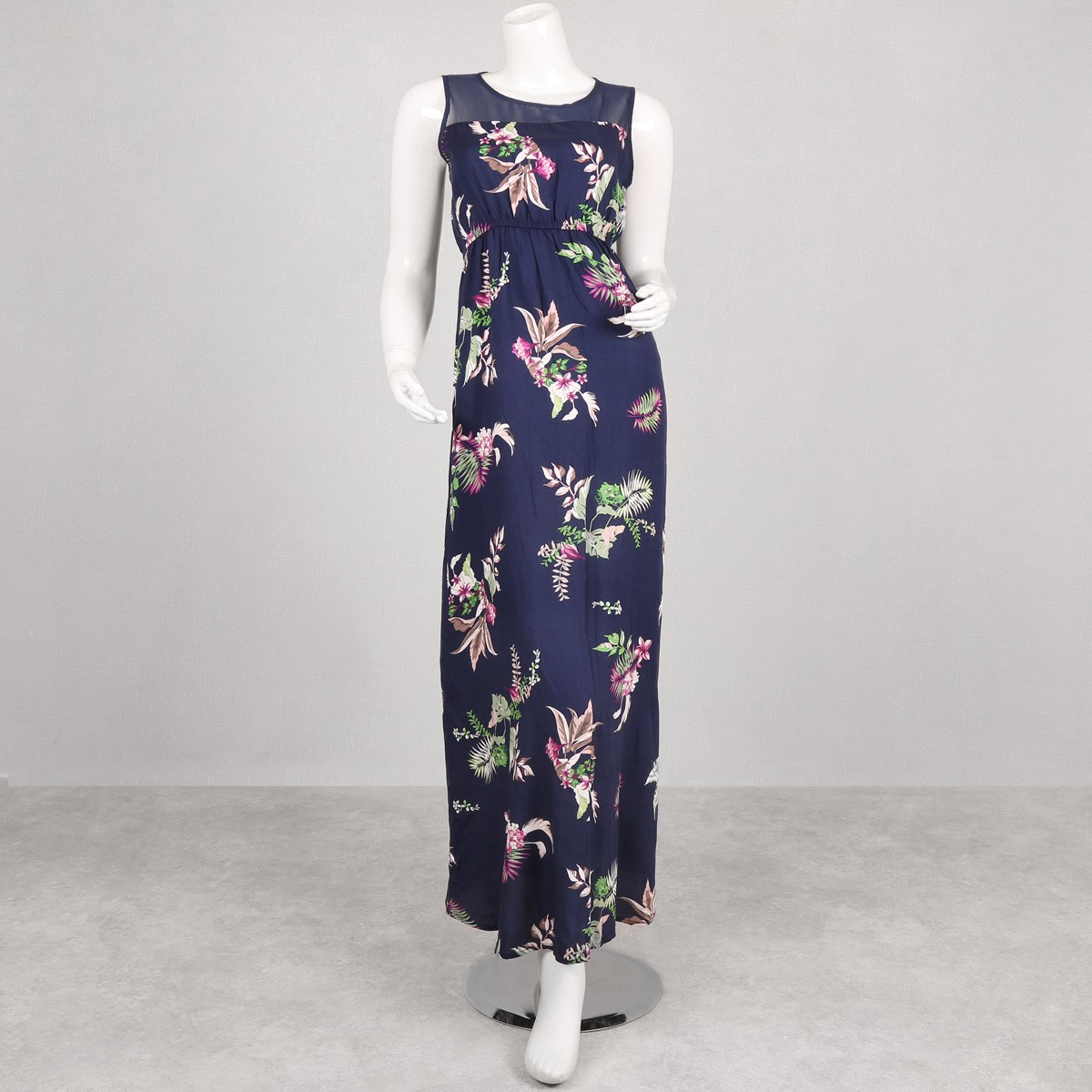 Floral Print Sleeveless Dress | Navy Blue Long Maxi 1