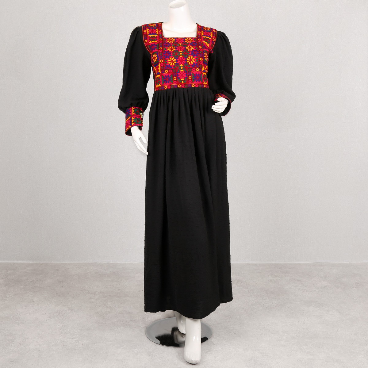 Raihan Cross Stitch Pleated Frock | Black Cuff Sleeve Long Afghan Dress 1