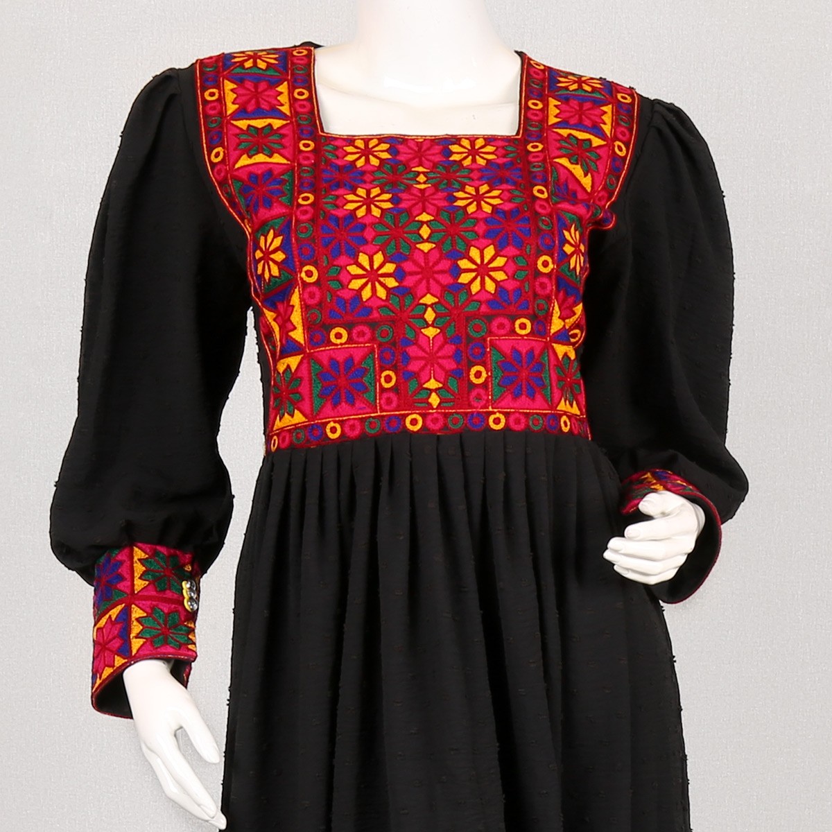 Raihan Cross Stitch Pleated Frock | Black Cuff Sleeve Long Afghan Dress 2