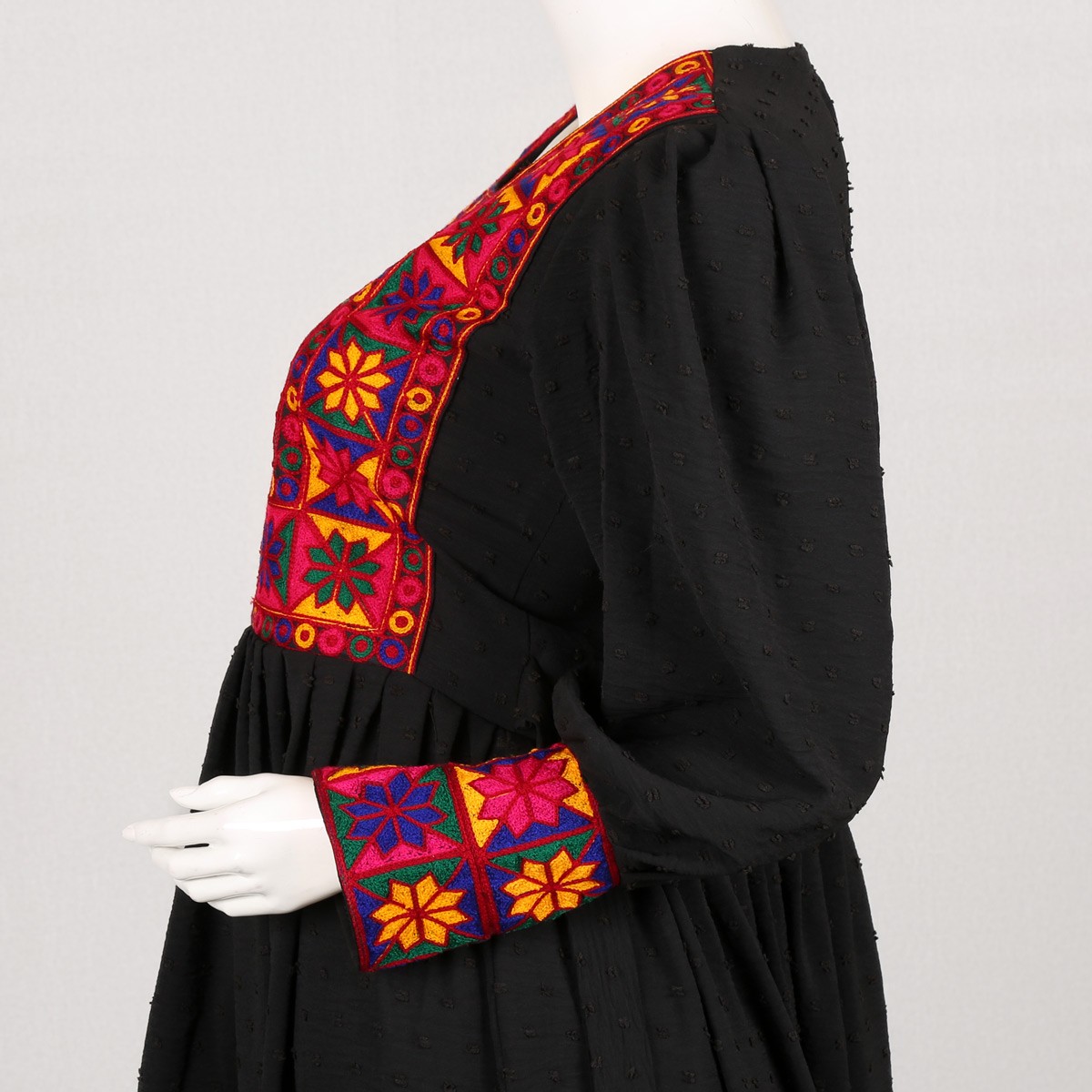 Raihan Cross Stitch Pleated Frock | Black Cuff Sleeve Long Afghan Dress 3