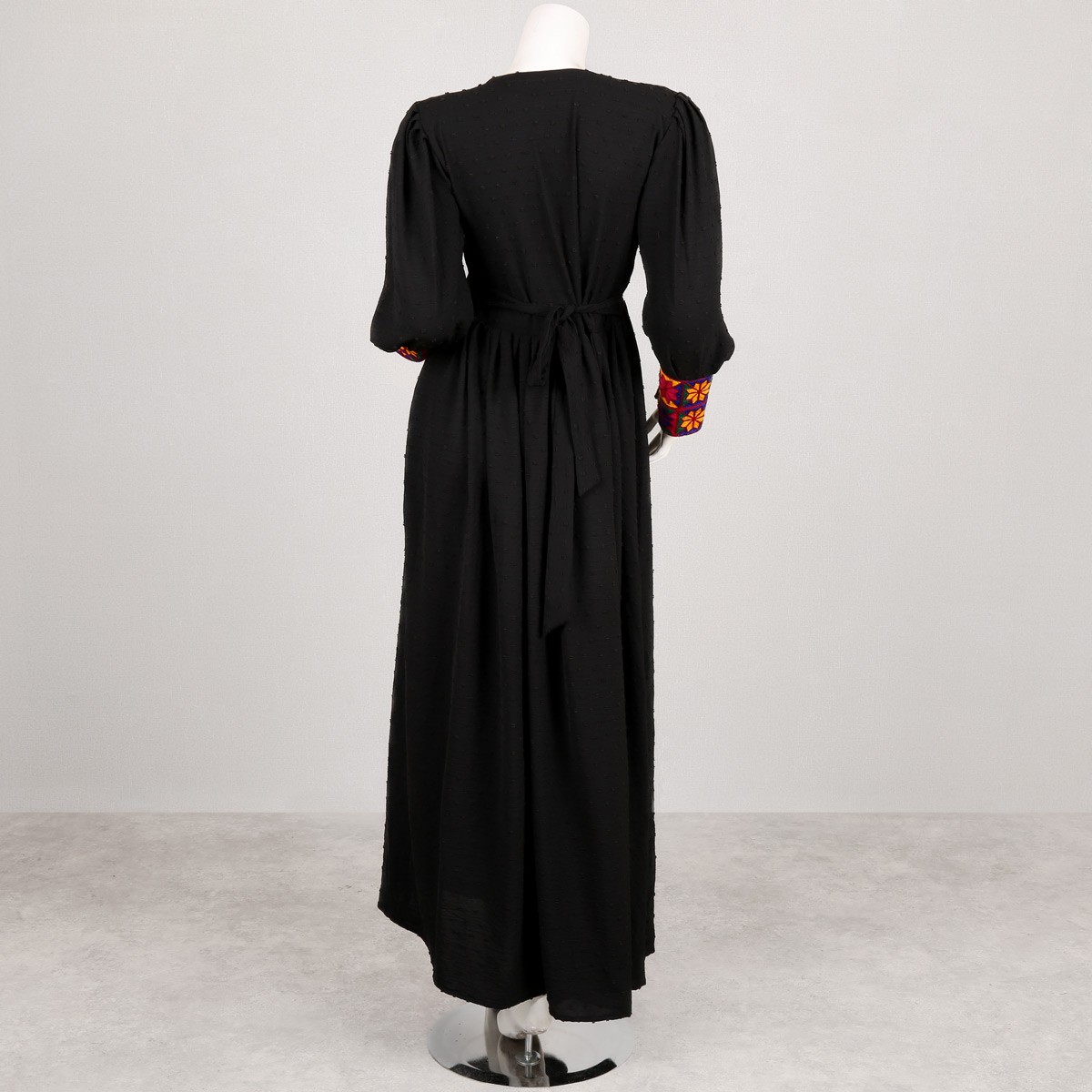 Raihan Cross Stitch Pleated Frock | Black Cuff Sleeve Long Afghan Dress 4