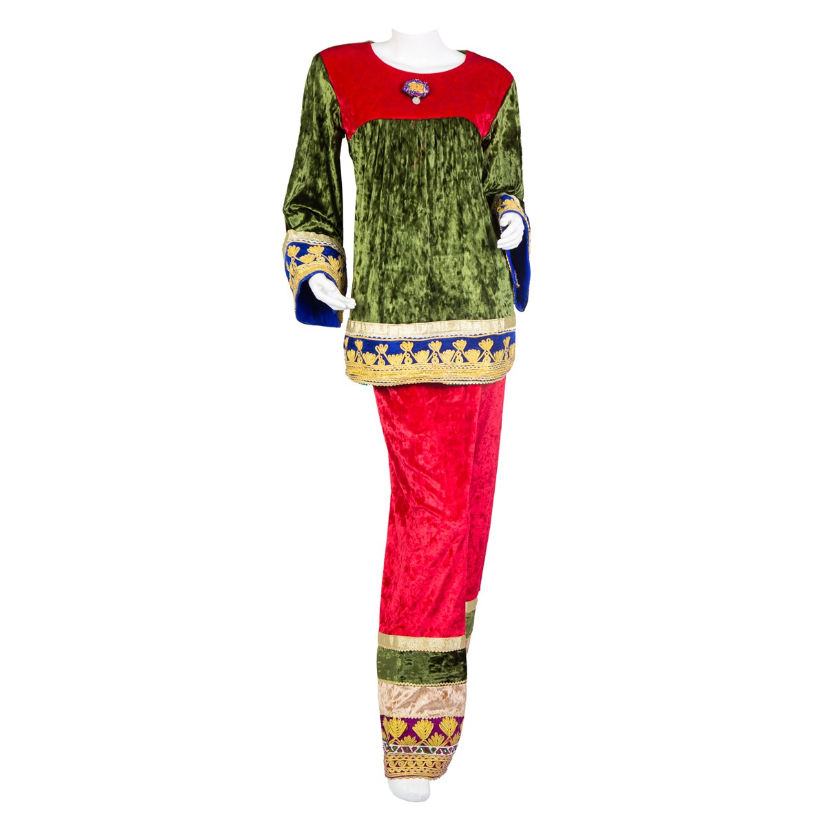 Green Kashi Velvet Dress With Golden Cherma Work | Gande Afghani 1