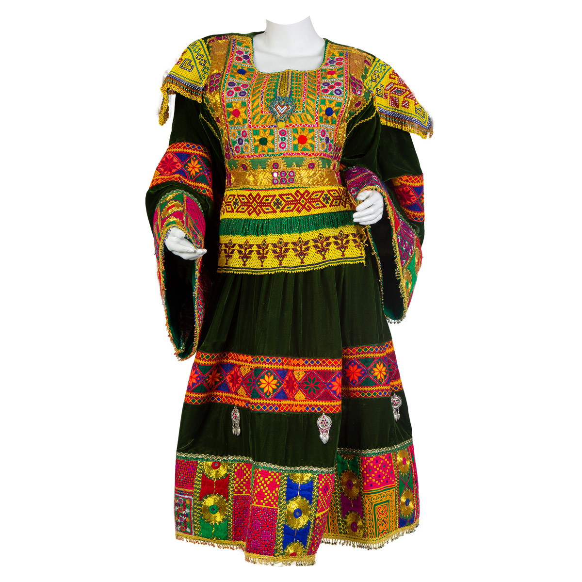 Fancy Embroidered Velvet Dress in Dark Pistachio | Gande Afghani 1