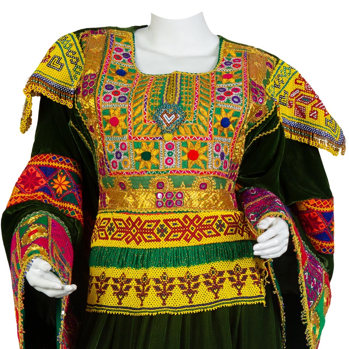 Fancy Embroidered Velvet Dress in Dark Pistachio | Gande Afghani 2