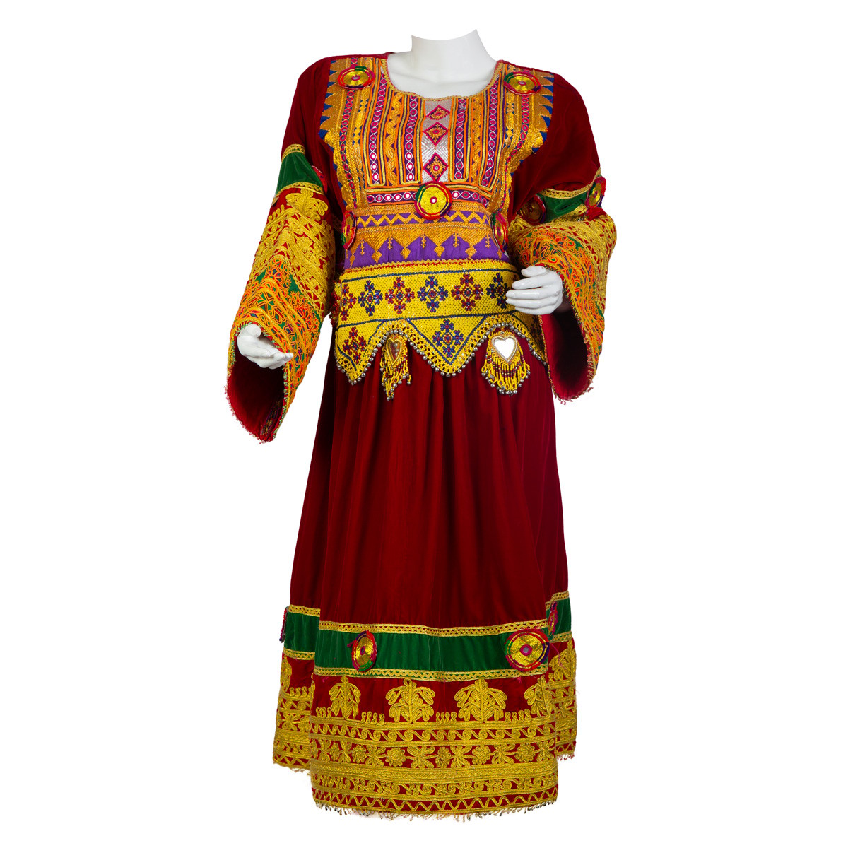 Cherma and Mirror Embroidered Red Velvet Party Frock| Gande Afghani 1