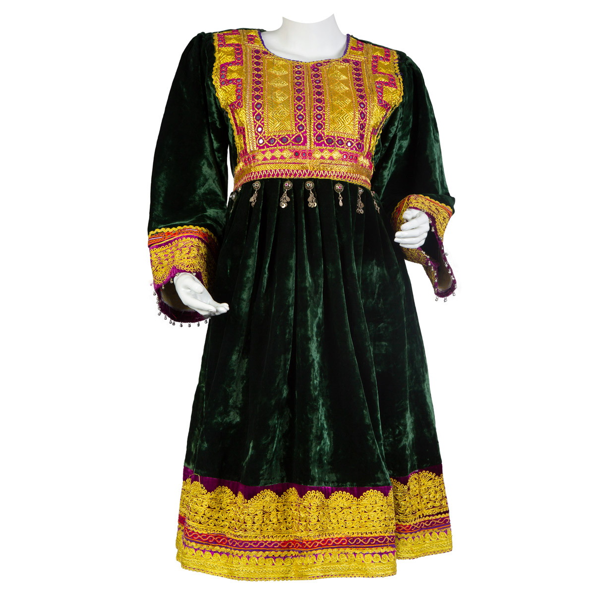 Forest Green Velvet Frock With Pink Mirror Work | Gande Afghani 1