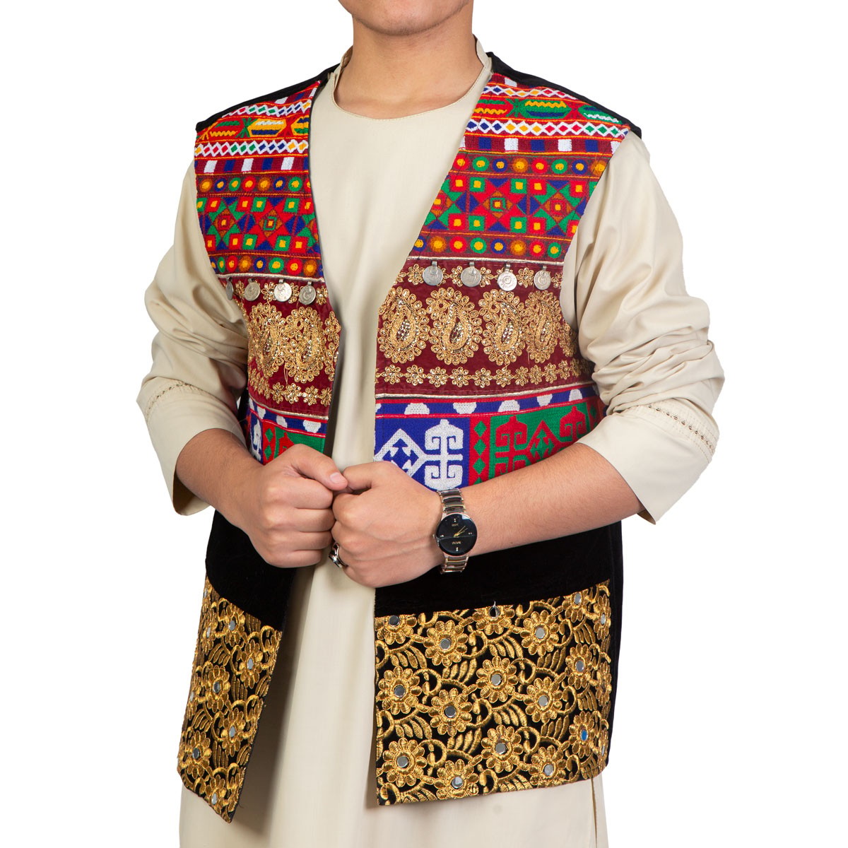 Black Waistcoat With Coin and Cherma Embroidery | Men's Vest 1