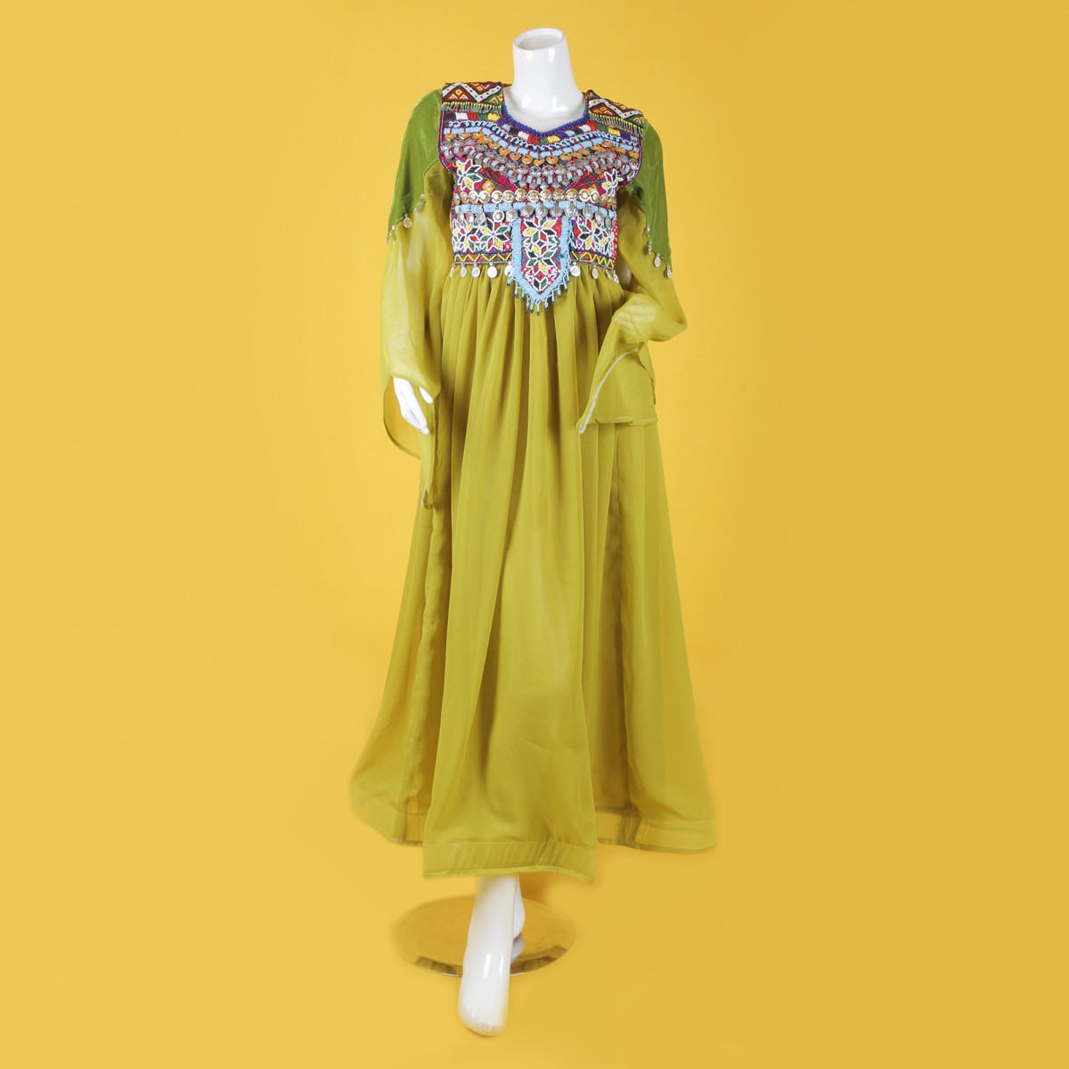 Mustard Hazaragi Bead Embroidered Long dress | Pleated Party Wear Long Frock 1