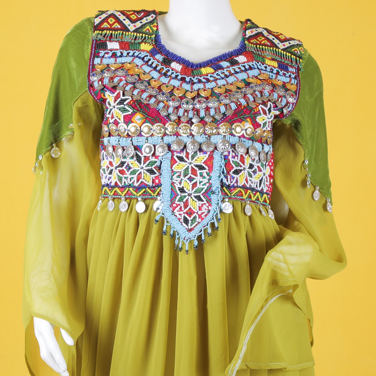 Mustard Hazaragi Bead Embroidered Long dress | Pleated Party Wear Long Frock 2