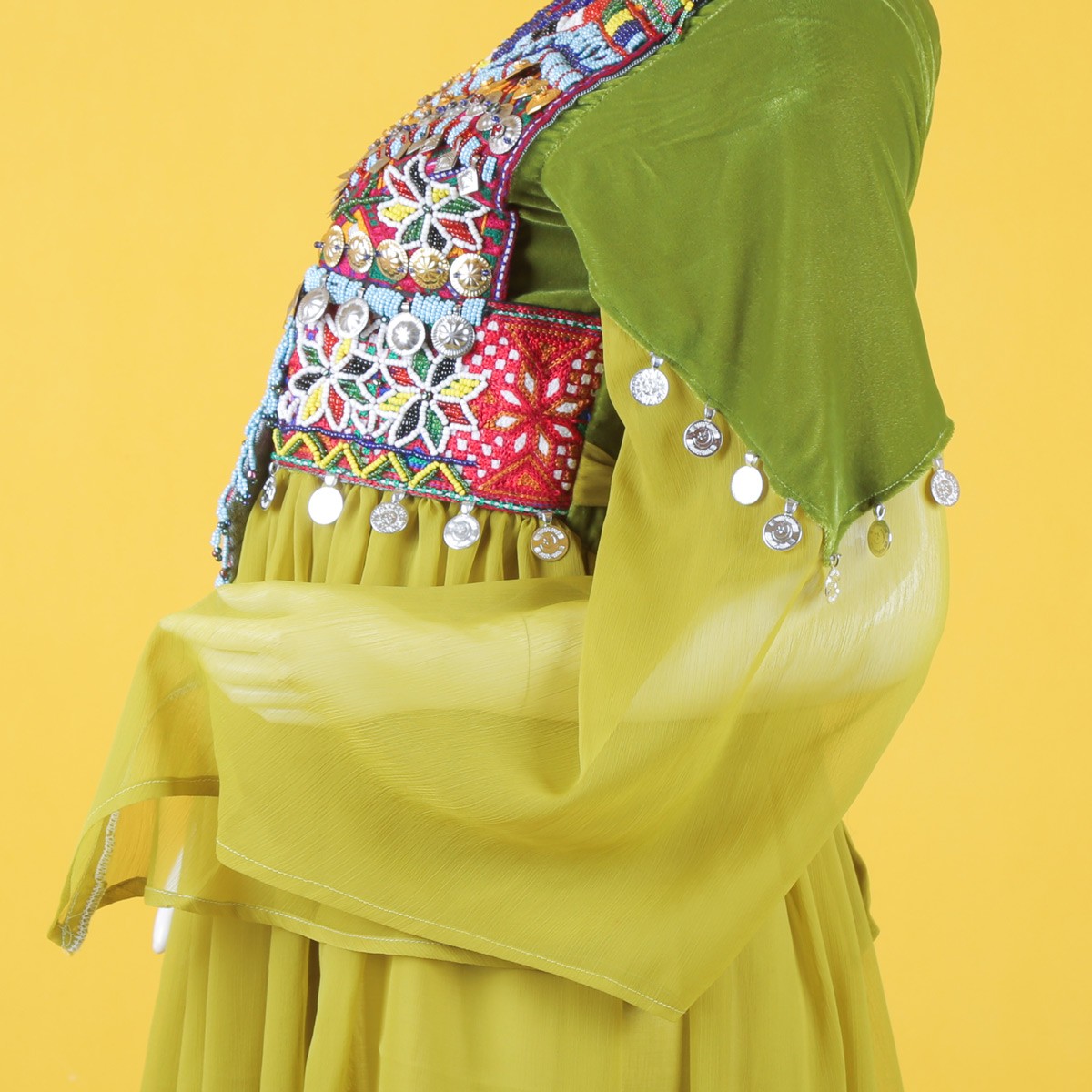 Mustard Hazaragi Bead Embroidered Long dress | Pleated Party Wear Long Frock 3