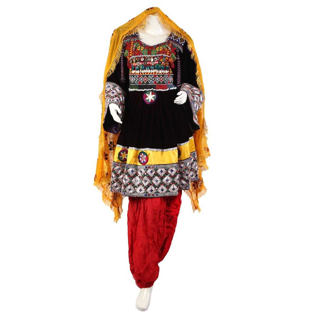 Black Velvet Afghan Kuchi Dress With Mirror Embroidery Design 1