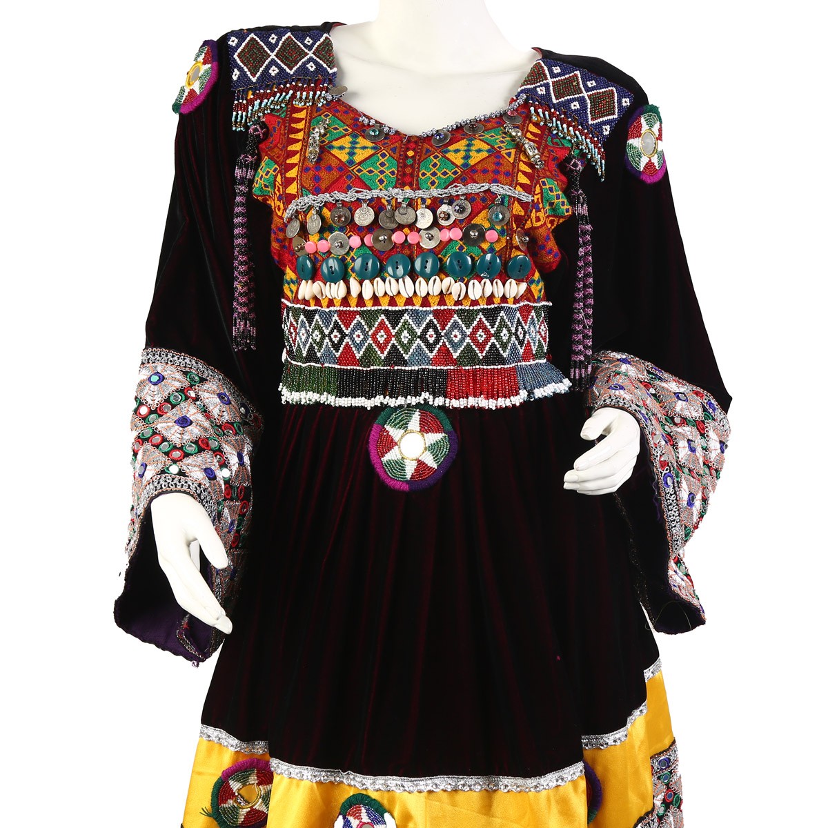 Black Velvet Afghan Kuchi Dress With Mirror Embroidery Design 3