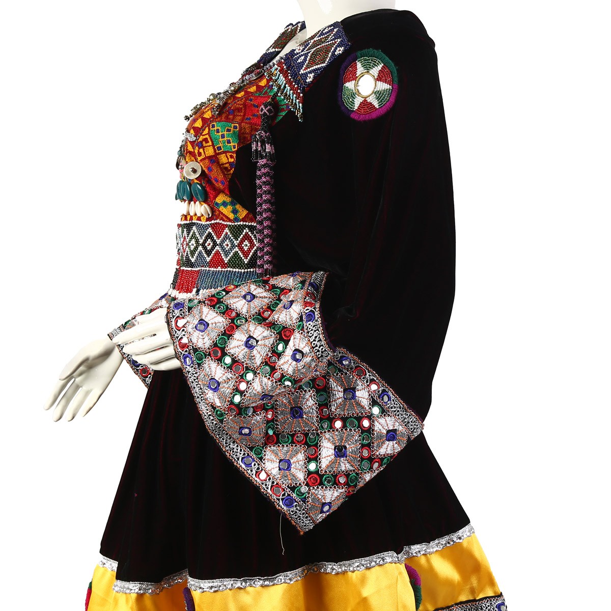 Black Velvet Afghan Kuchi Dress With Mirror Embroidery Design 4
