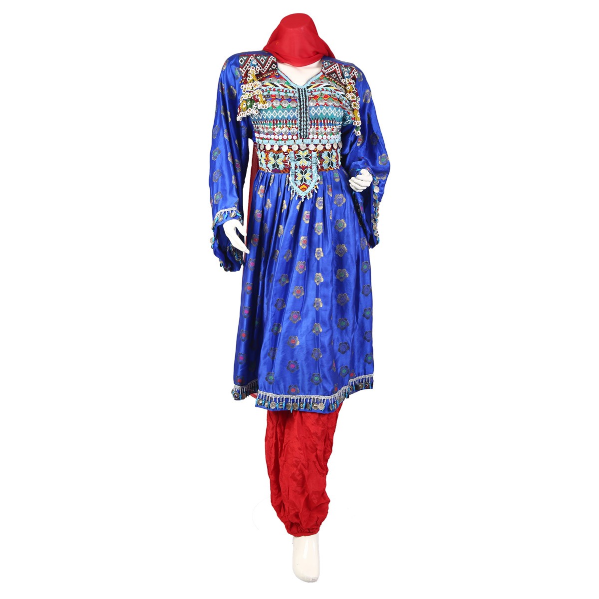 Banarasi Kandarai Design Blue Plated Afghan Dress 1