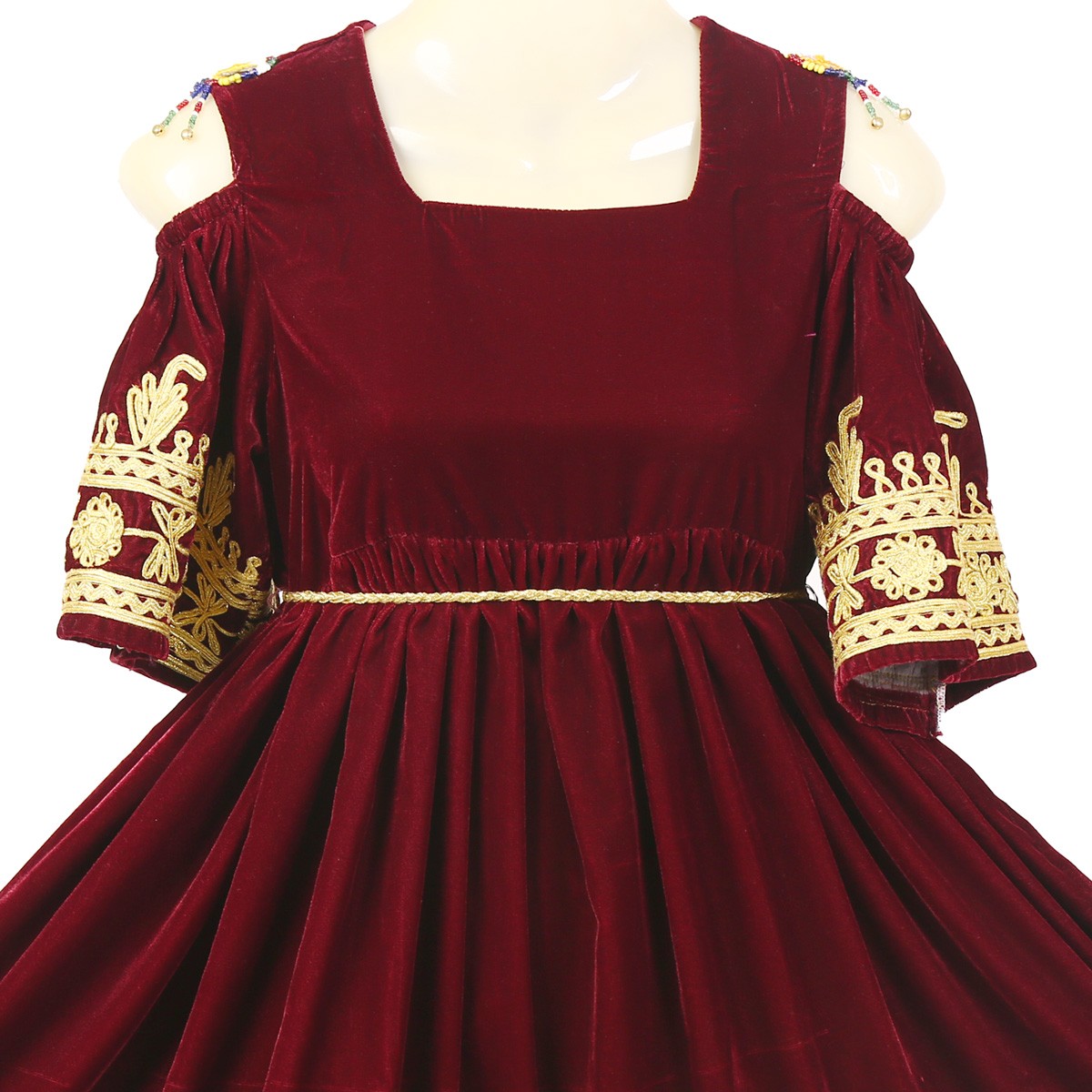 Red Afghan Frock With Golden Kuchi Embroidery 2