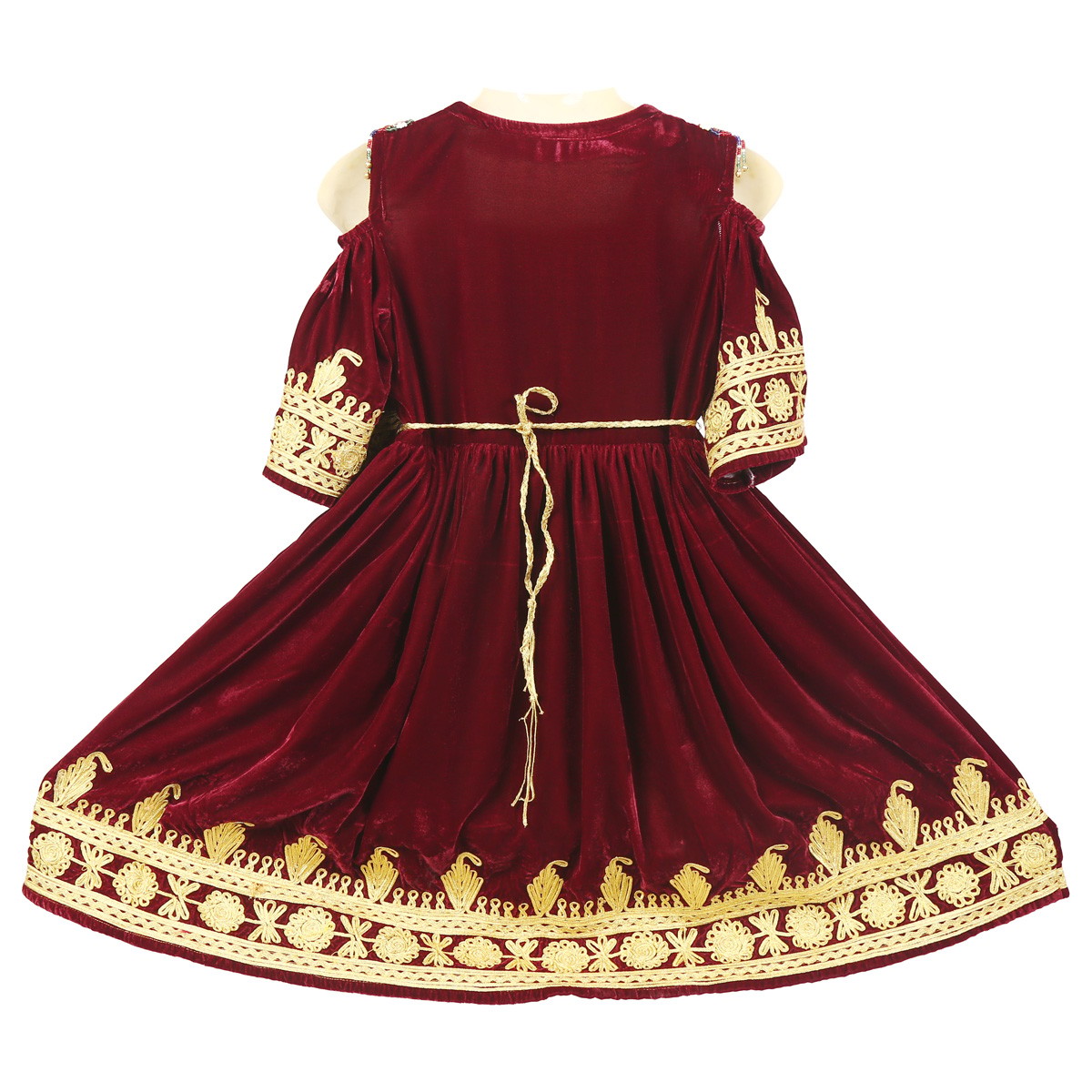 Red Afghan Frock With Golden Kuchi Embroidery 3