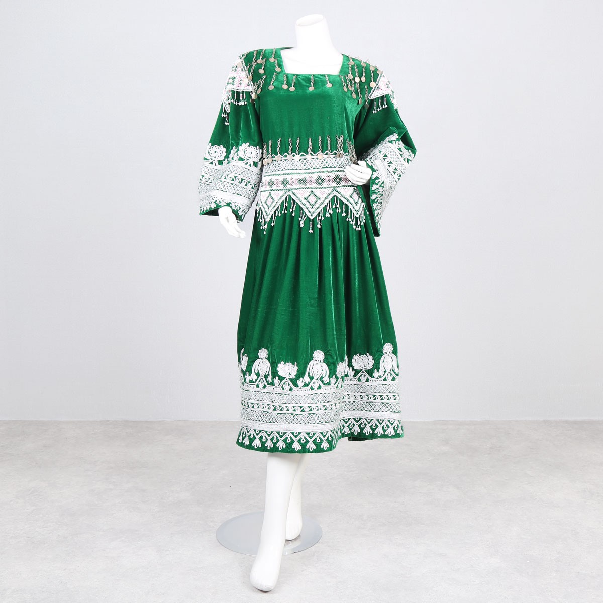 Graph Embroidered Party Dress | Green Velvet Frock 1