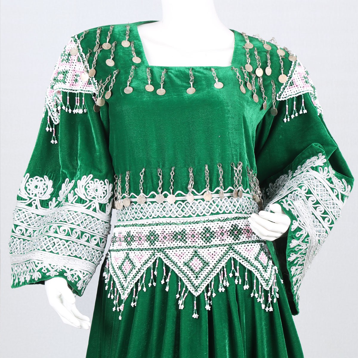 Graph Embroidered Party Dress | Green Velvet Frock 2