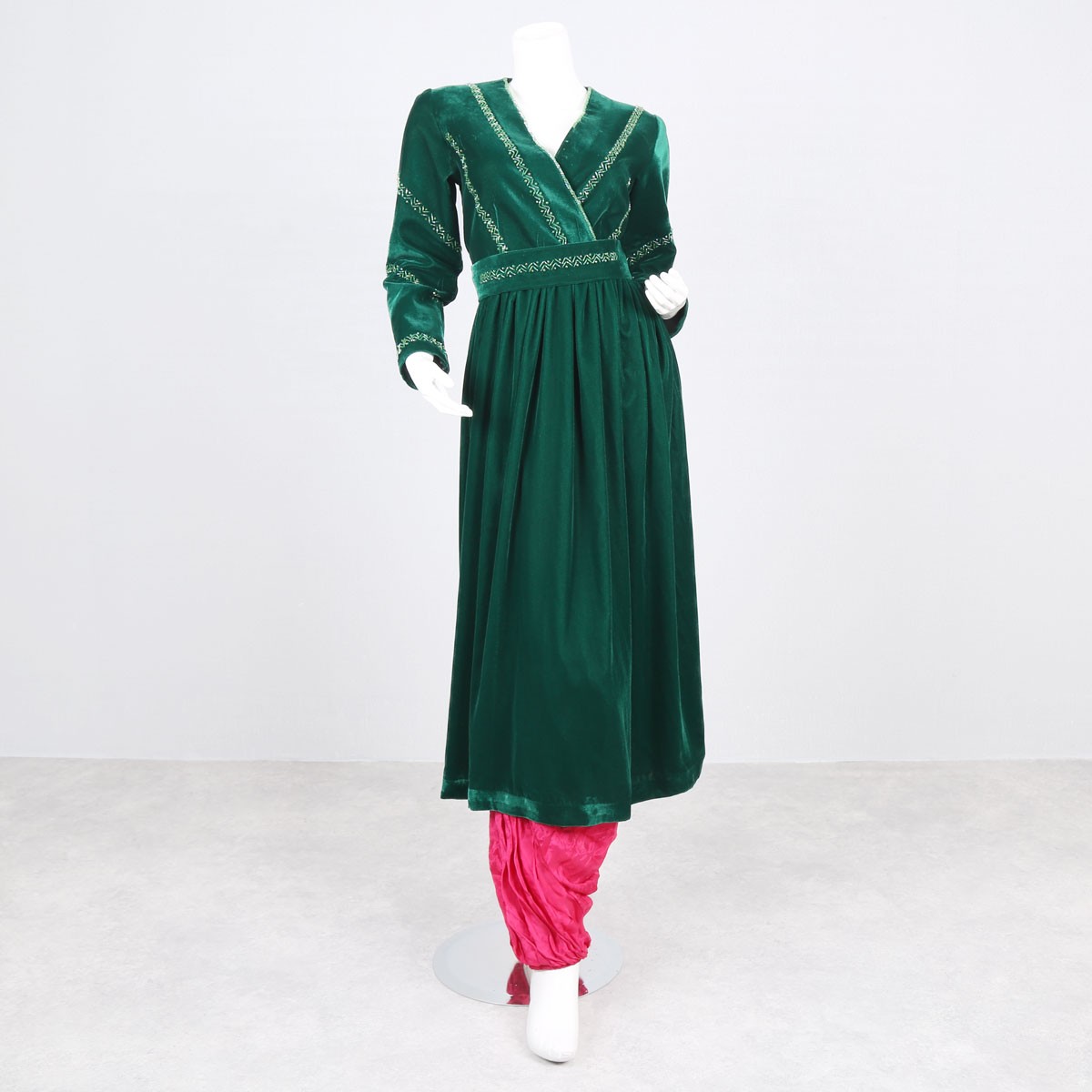 Dark Green Velvet Dress | V-Neck Pleated Long Frock 1