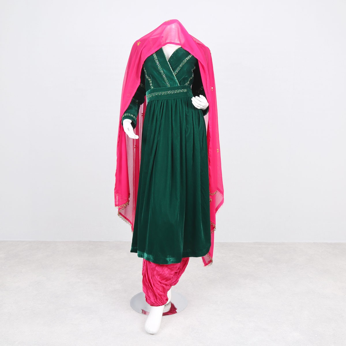 Dark Green Velvet Dress | V-Neck Pleated Long Frock 2