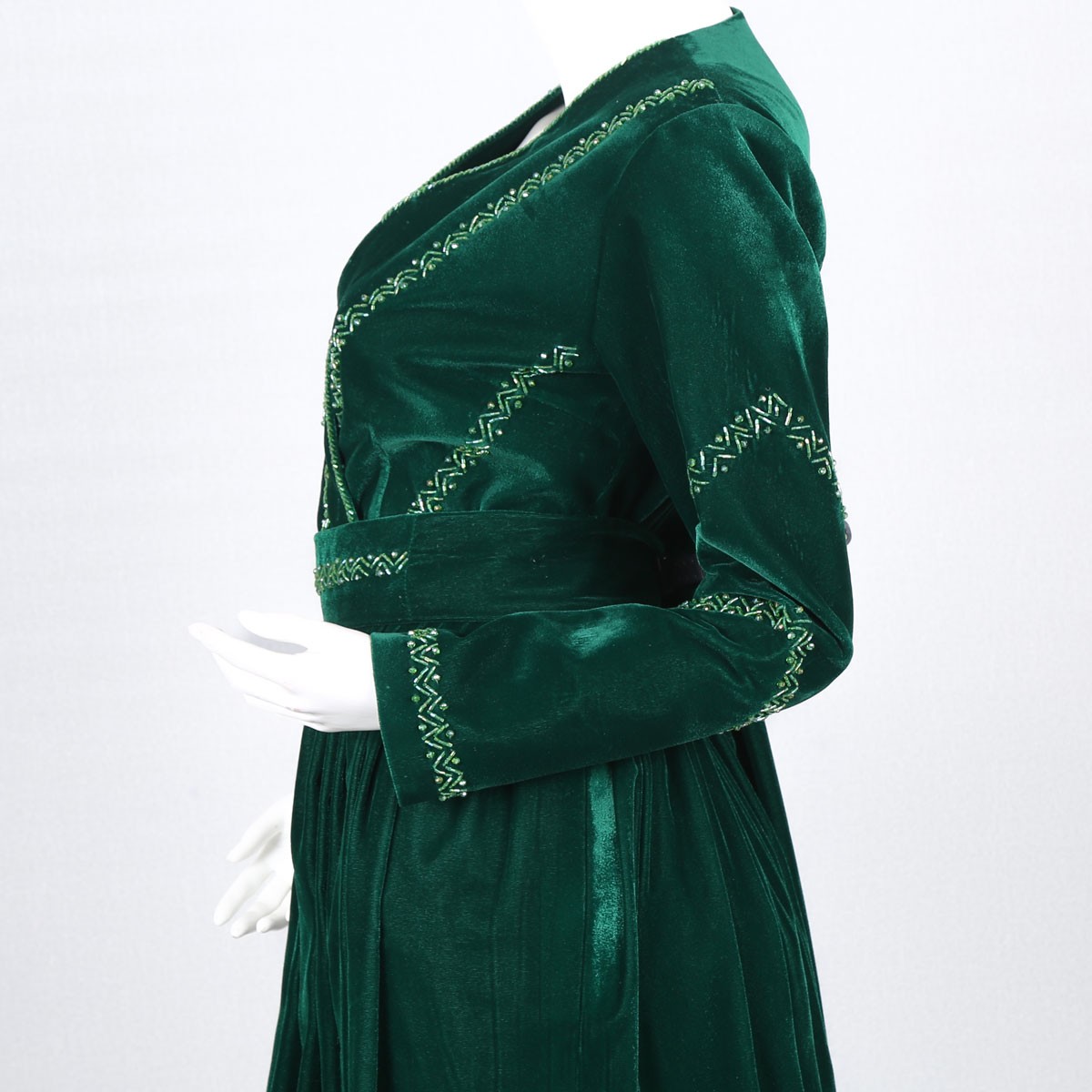 Dark Green Velvet Dress | V-Neck Pleated Long Frock 4