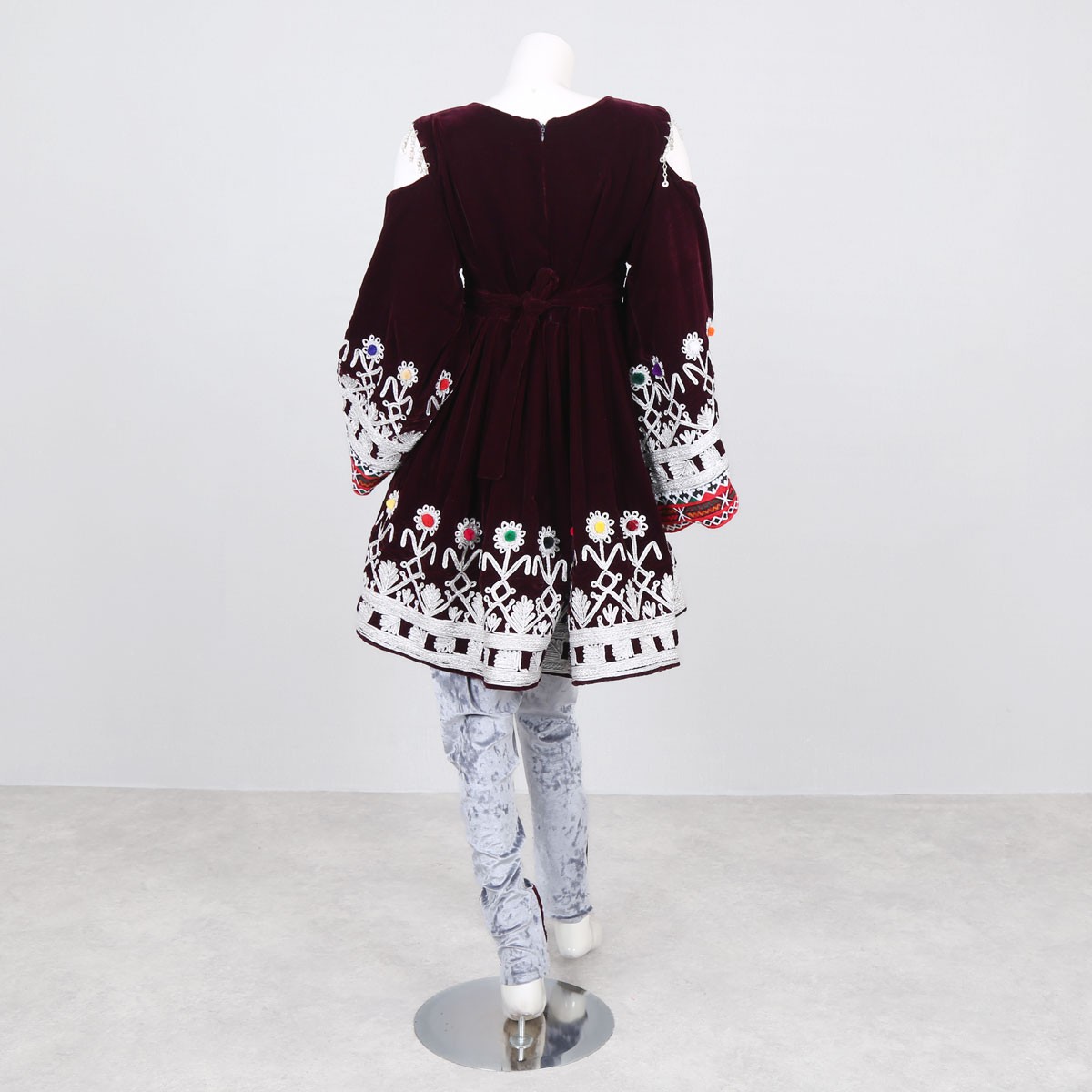 Open Sleeve Velvet Short Frock | Cherma Embroidered Maroon Dress 4