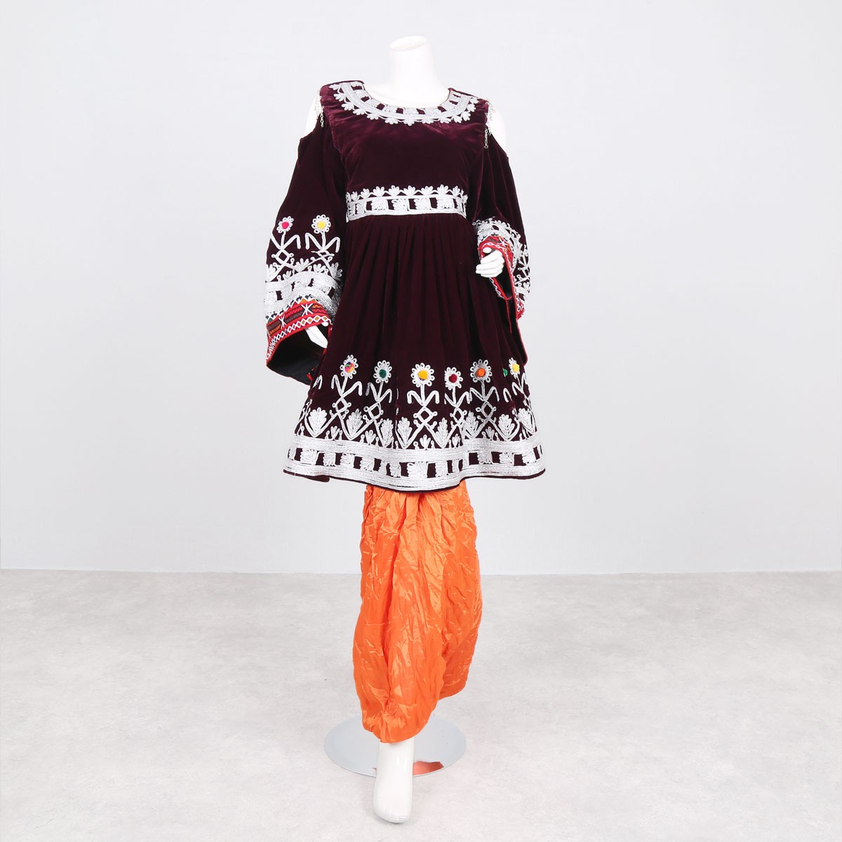 Cherma Embroidered Velvet Frock | Open Sleeve Pleated Dress 1