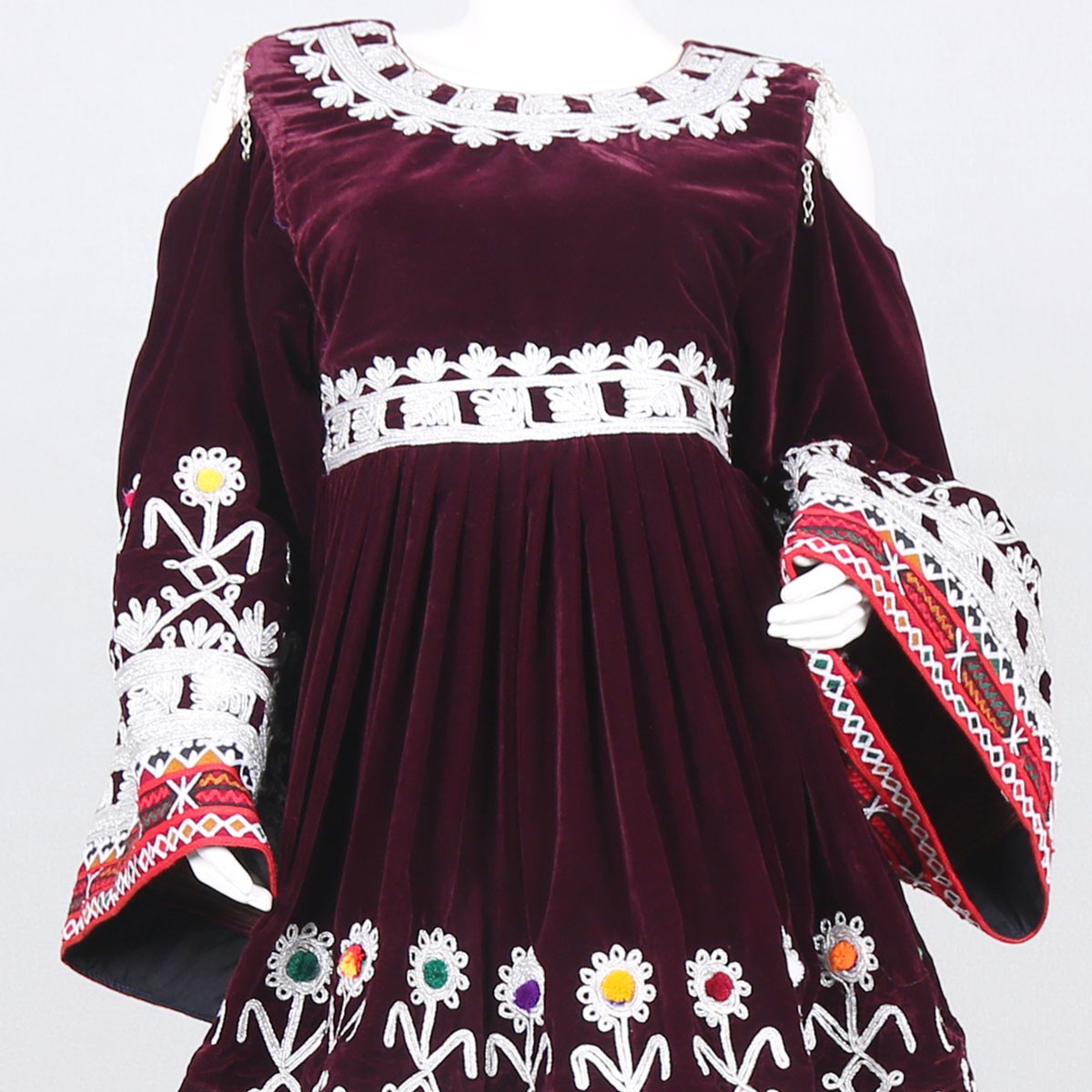 Cherma Embroidered Velvet Frock | Open Sleeve Pleated Dress 4