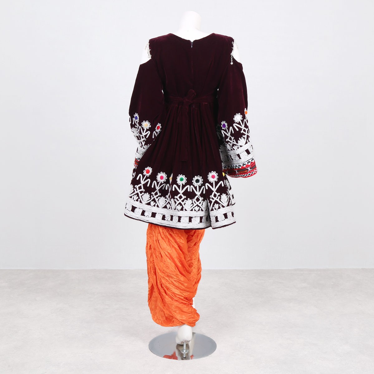 Cherma Embroidered Velvet Frock | Open Sleeve Pleated Dress 5