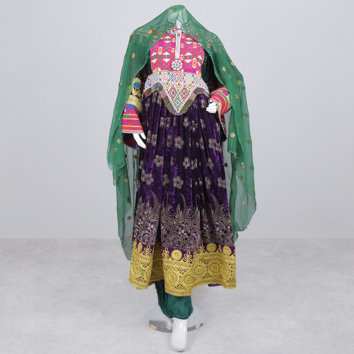 Purple Pleated Velvet Frock| Cherma Embroidered Afghan Dress 1