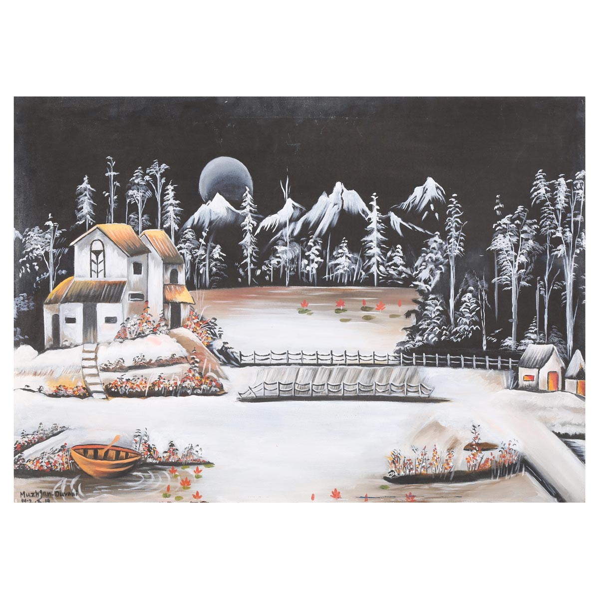 House in Nature Snowy Night View| Nuristan Mountains Artwork on Canvas 1