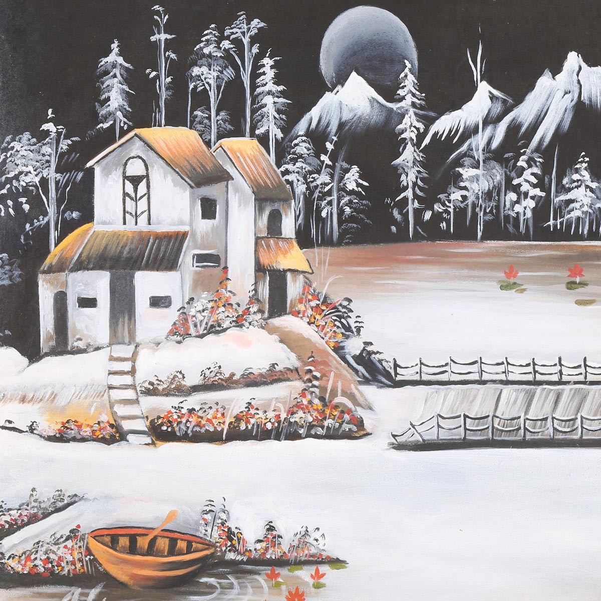 House in Nature Snowy Night View| Nuristan Mountains Artwork on Canvas 2