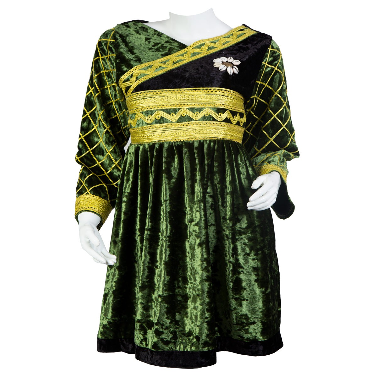 Kochi Design Wedding Frock | Green Velvet Dress With Golden Cherma Embroidery 1